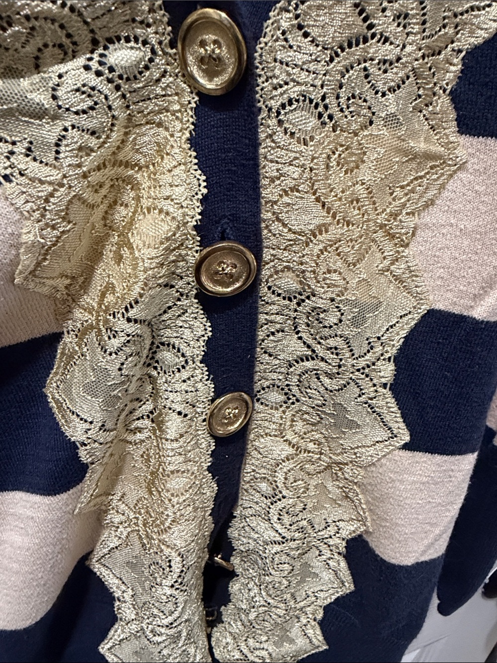Anthropologie Charlotte - Striped Navy and Cream Lace-Trim Cardigan Sweater - Picture 3 of 5